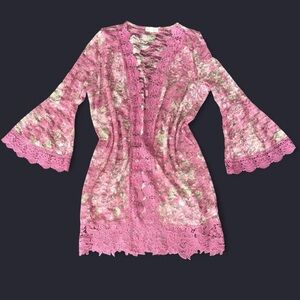 Jolie & Joy by FCT With Love Pink Floral Lace Robe Kimono Cardigan Cover Up